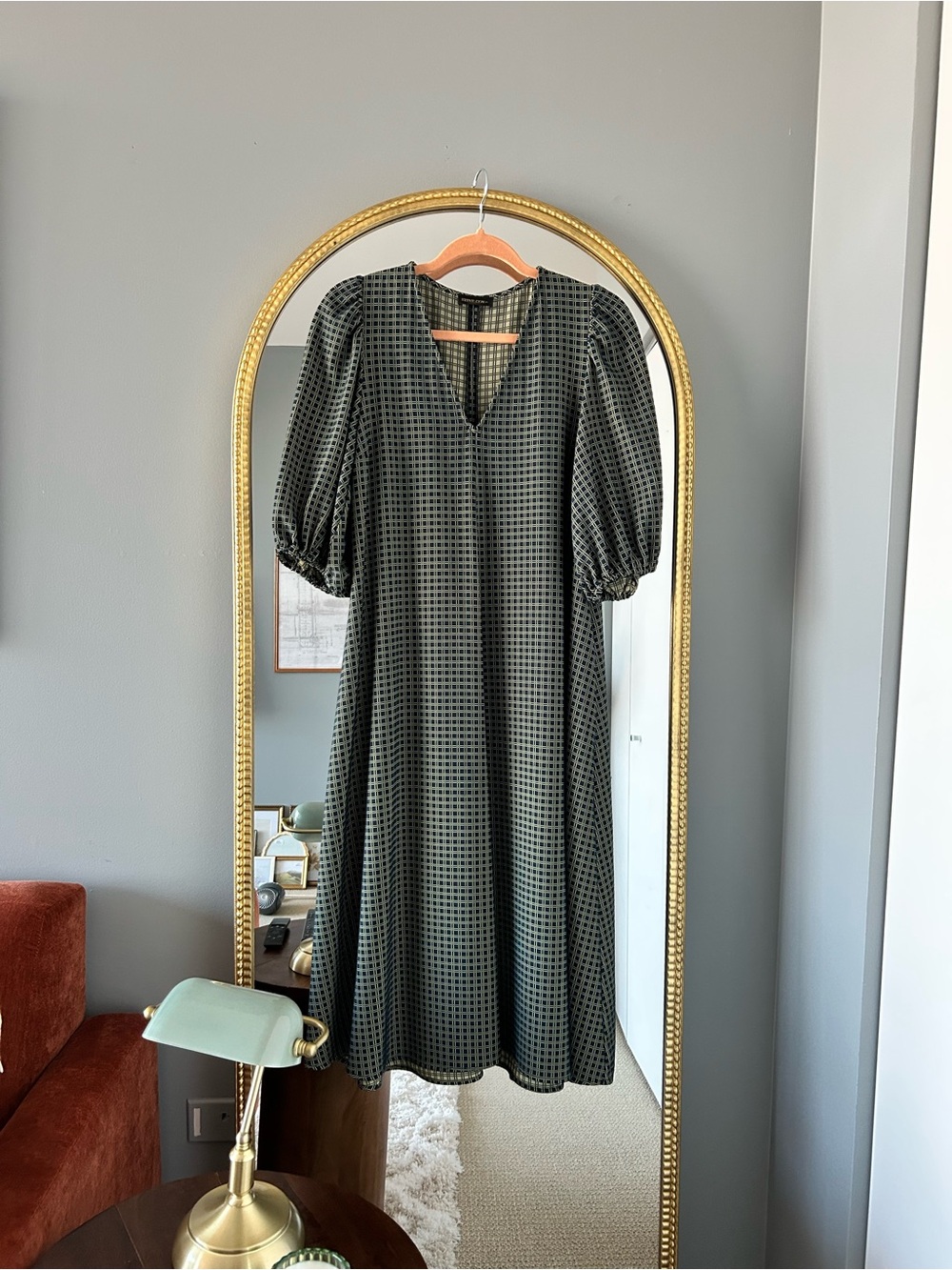 STINE GOYA Dark Green Checked Puff Sleeve Midi Dress